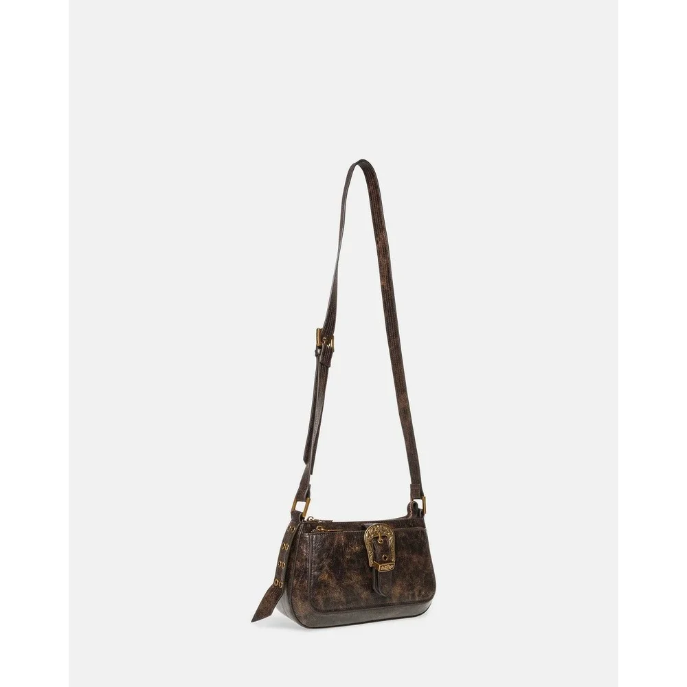 Steve Madden Brown Distressed Faux Leather Western Buckle Shoulder Bag NEW